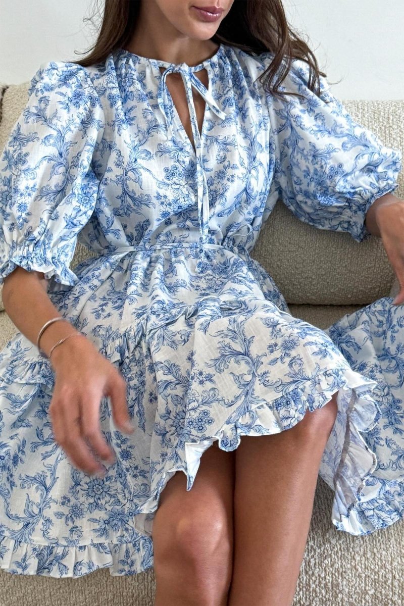 Lila Çiçekli Fırfırlı Puf Kol A Kesim Mini Elbise