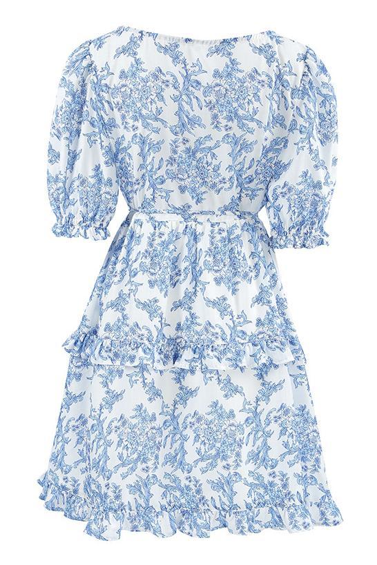 Lila Çiçekli Fırfırlı Puf Kol A Kesim Mini Elbise