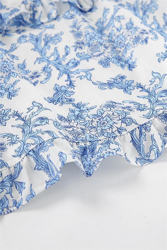 Lila Çiçekli Fırfırlı Puf Kol A Kesim Mini Elbise