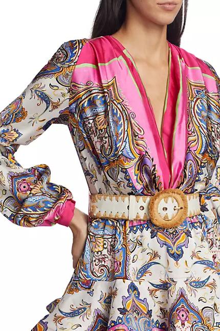 Lillian Baskılı V Yaka Katlı Mini Elbise