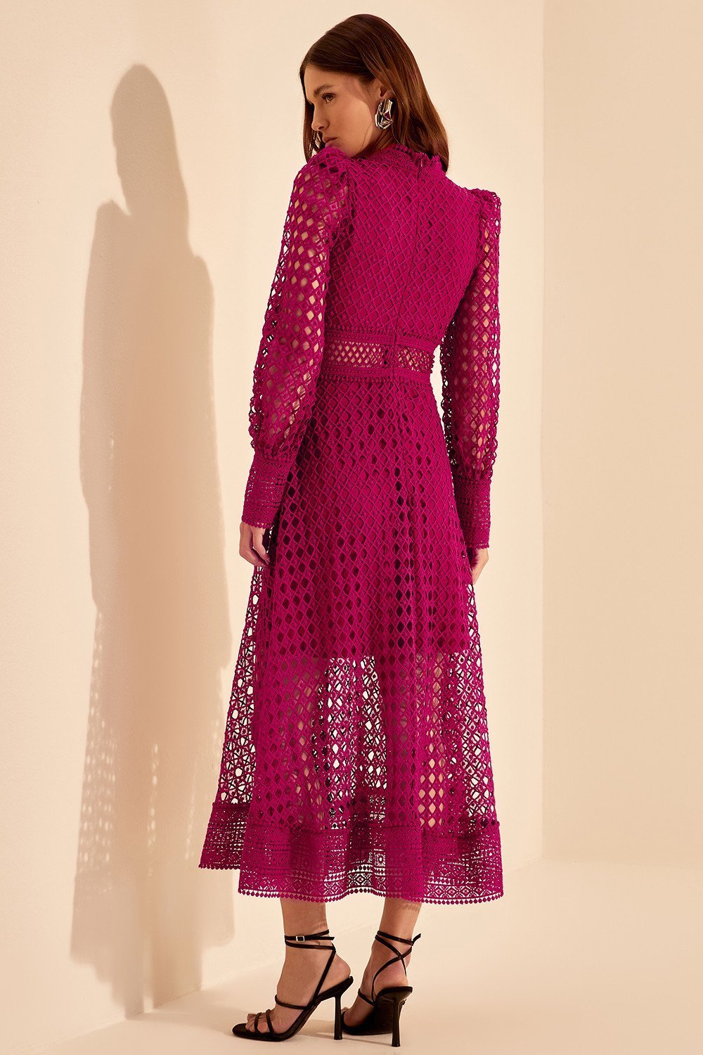 Liz İşlemeli Dantel İçi Boş Midi Elbise