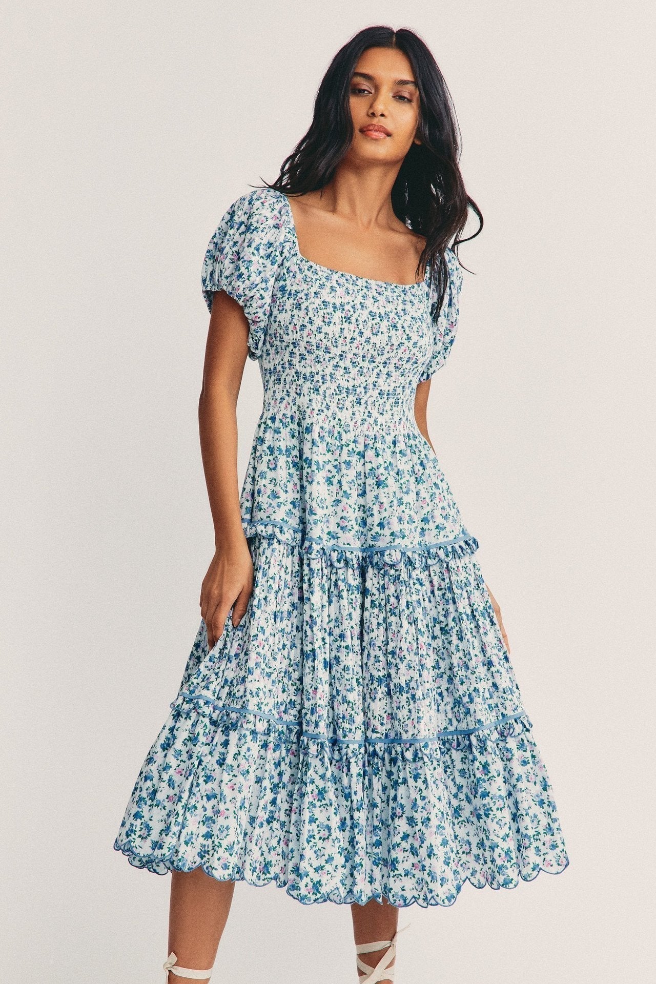 Liz Baskılı Büzgülü Korsajlı Midi Elbise