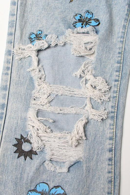 Liza Çiçek & Güneş Baskılı Yırtık Jean