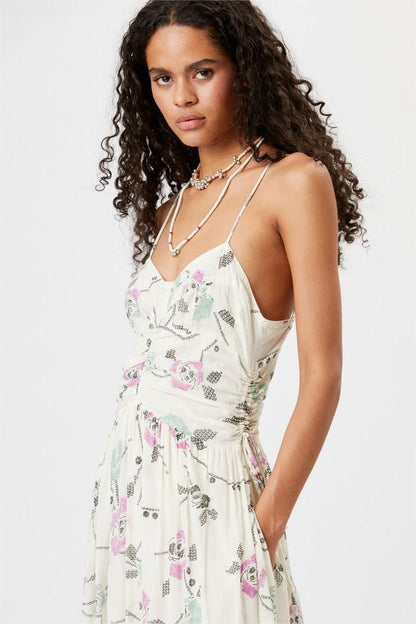 Lorna Baskılı İşlemeli Flare Slip Maxi Elbise