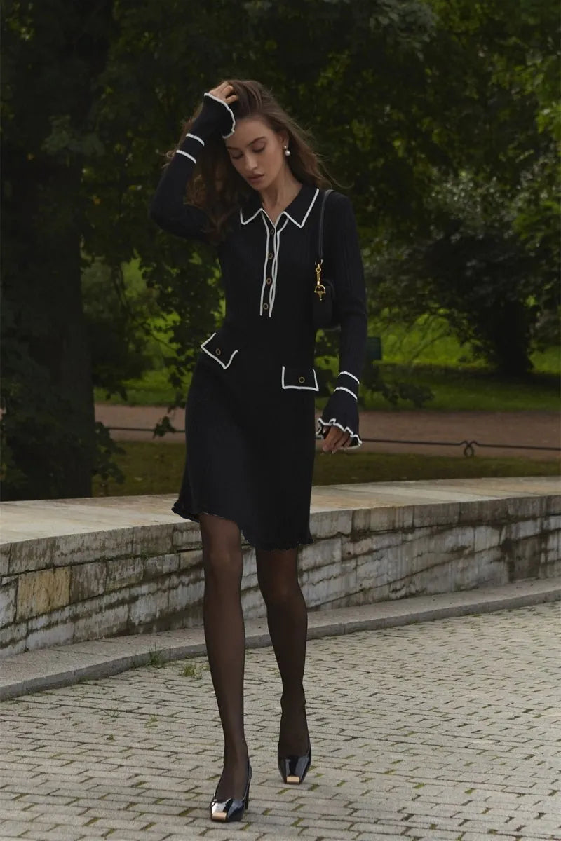 Louise Kontrast Fırfırlı Triko Mini Elbise