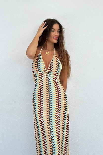 Lydia Boyundan Bağlı Tığ İşi Maxi Elbise