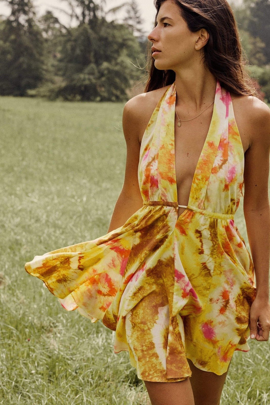 Mabel Baskılı Boyundan Bağlamalı Flare Mini Elbise