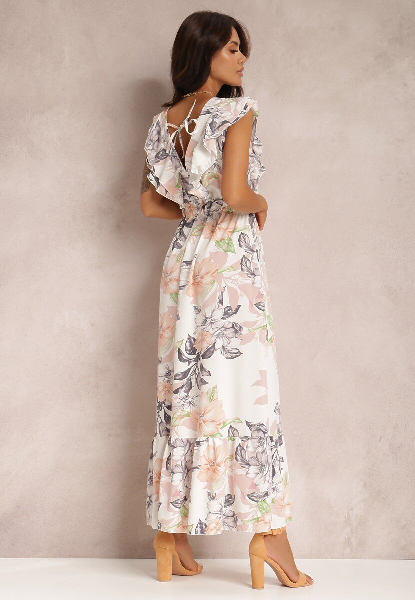 Marjorie Baskılı Fırfırlı V Yaka Maxi Elbise