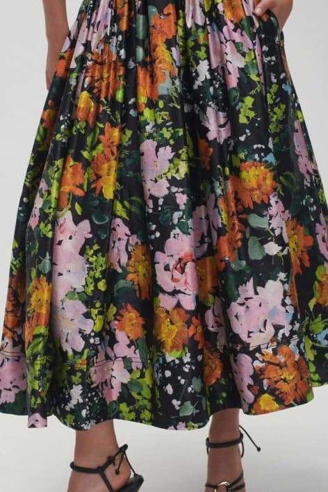 Megan Baskılı V Yaka Puf Kol Midi Elbise