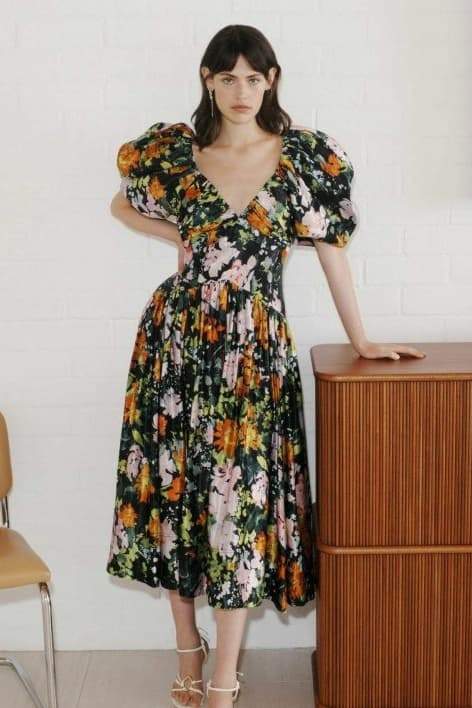 Megan Baskılı V Yaka Puf Kol Midi Elbise