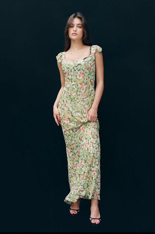 Mildred Baskılı Kayık Yaka Uzun Elbise