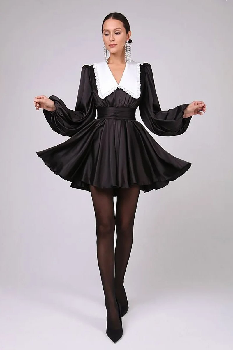 Milena V Yaka Fener Kol Mini Elbise