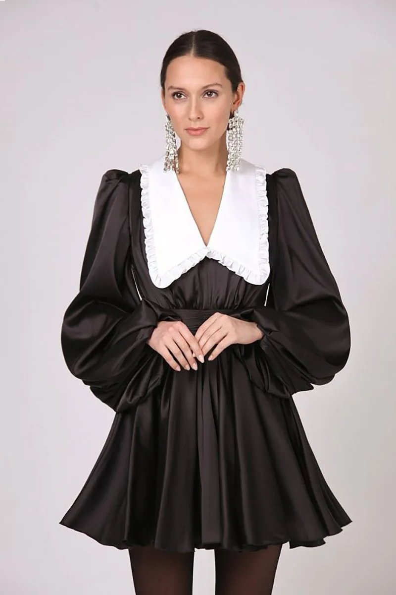 Milena V Yaka Fener Kol Mini Elbise