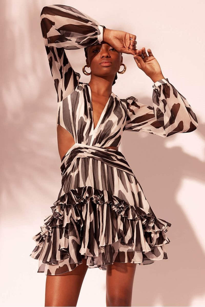 Miriam Baskılı Cut-Out Fırfırlı Mini Elbise
