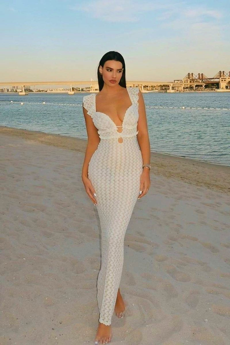 Muriel Fırfırlı Kesikli Örgü Maxi Elbise