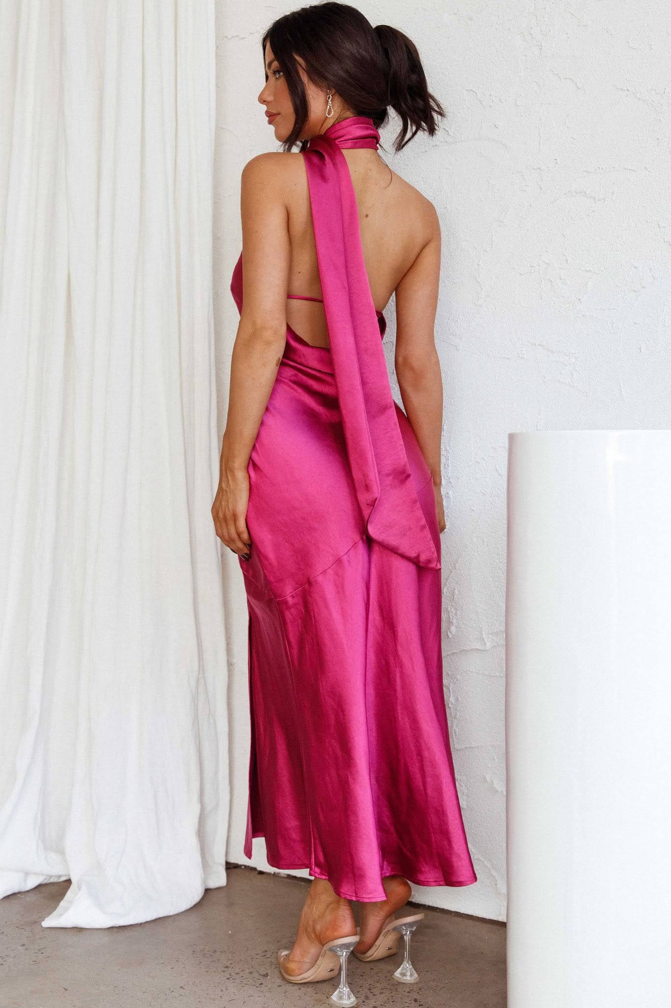 Nad Kapüşonlu Boyundan Bağlamalı Saten Midi Elbise