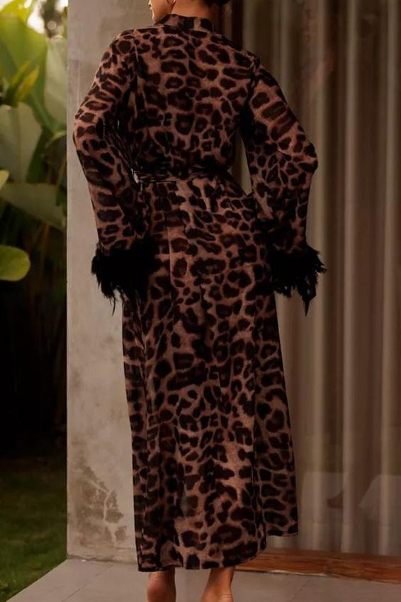 Natalie Leopar Desenli Tüylü Maxi Bornoz