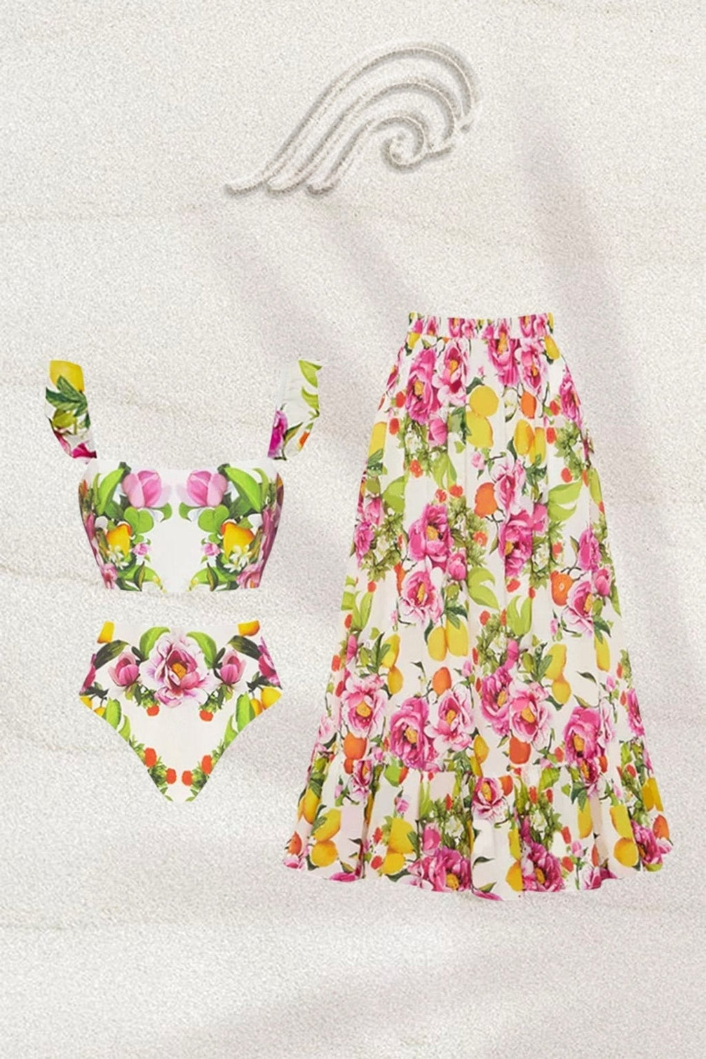 Nate Baskılı Fırfırlı Üçlü Yüzme Seti