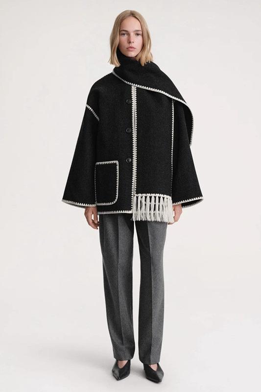 Noelle Nakışlı Eşarp Yün Kaban