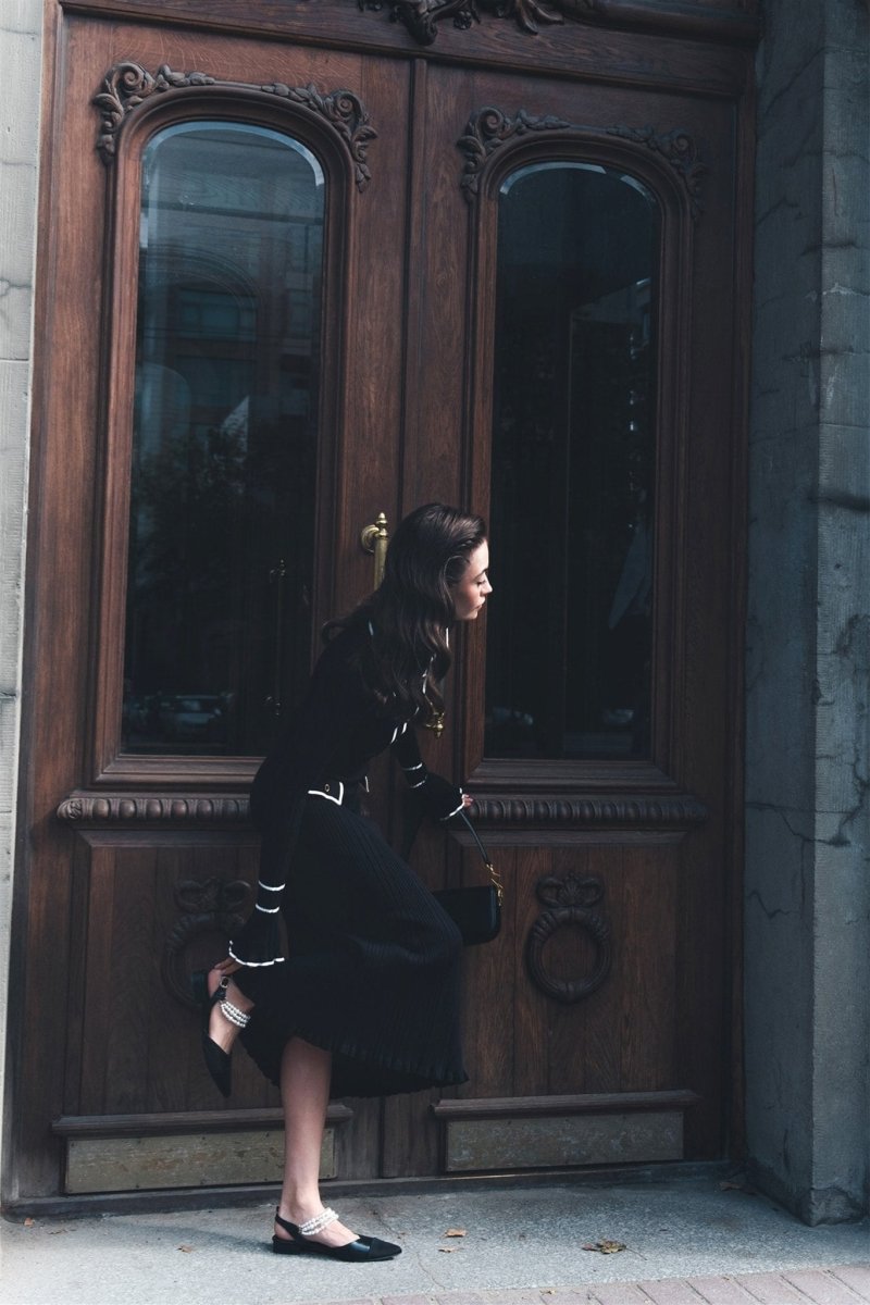 Novia Kontrast Fırfırlı Triko Uzun Elbise