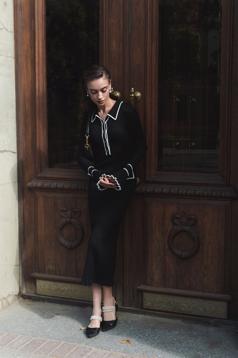 Novia Kontrast Fırfırlı Triko Uzun Elbise