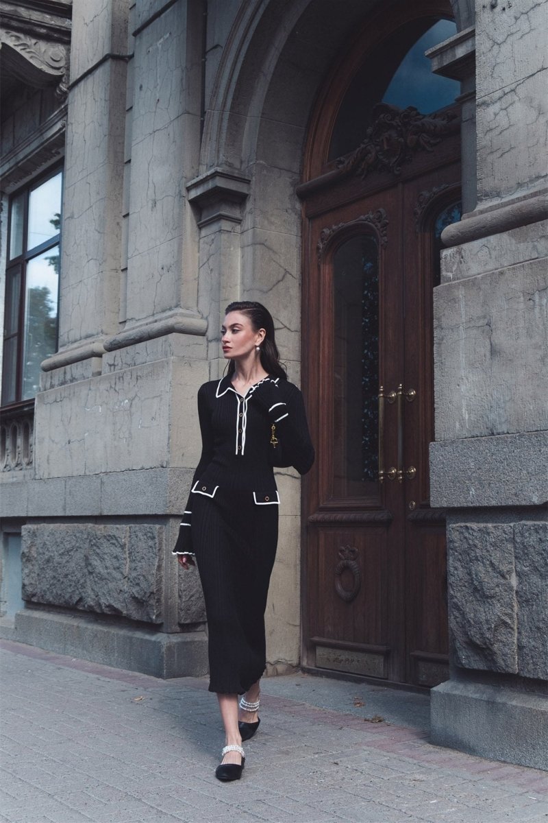 Novia Kontrast Fırfırlı Triko Uzun Elbise