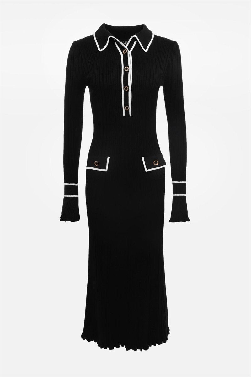 Novia Kontrast Fırfırlı Triko Uzun Elbise