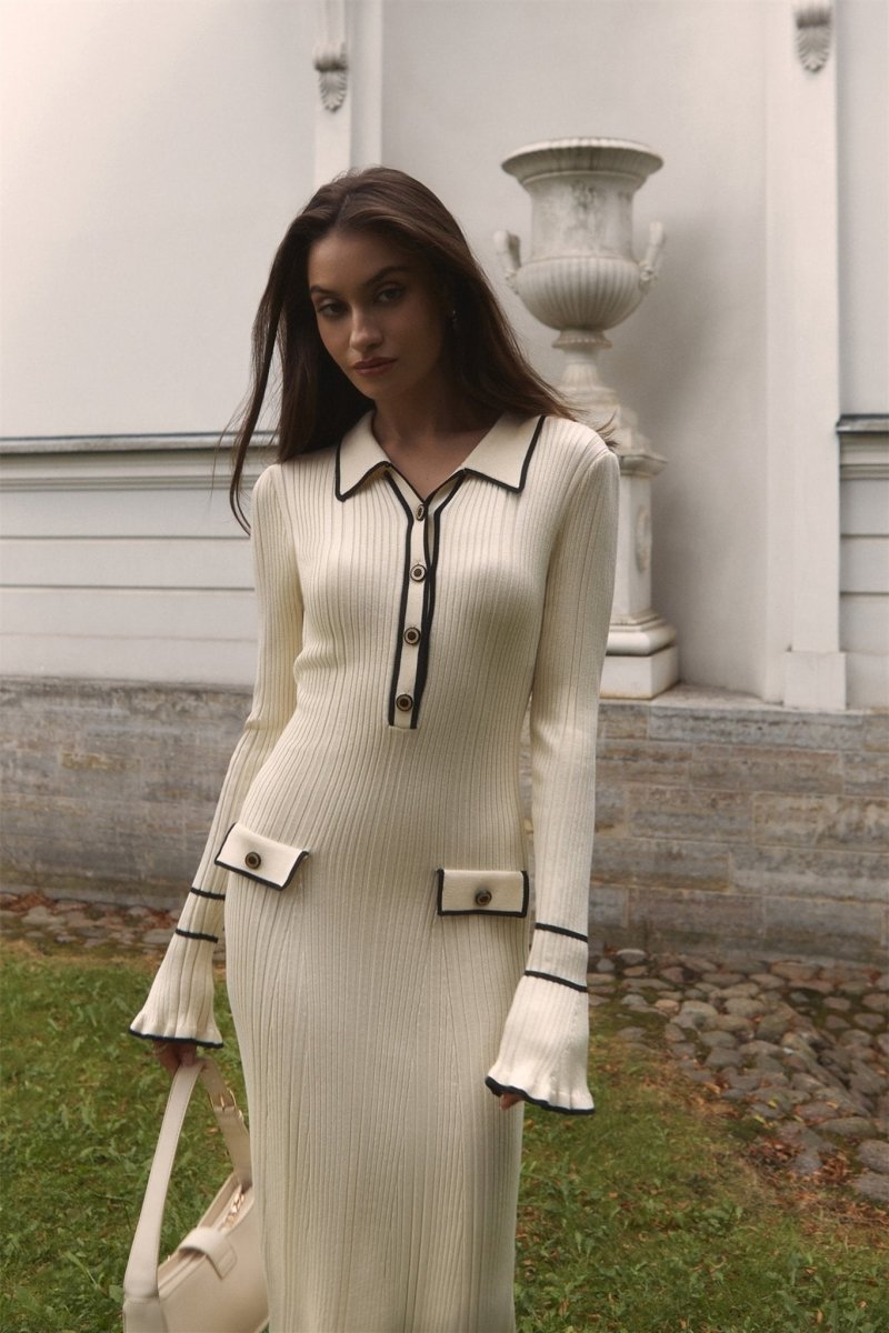 Novia Kontrast Fırfırlı Triko Uzun Elbise