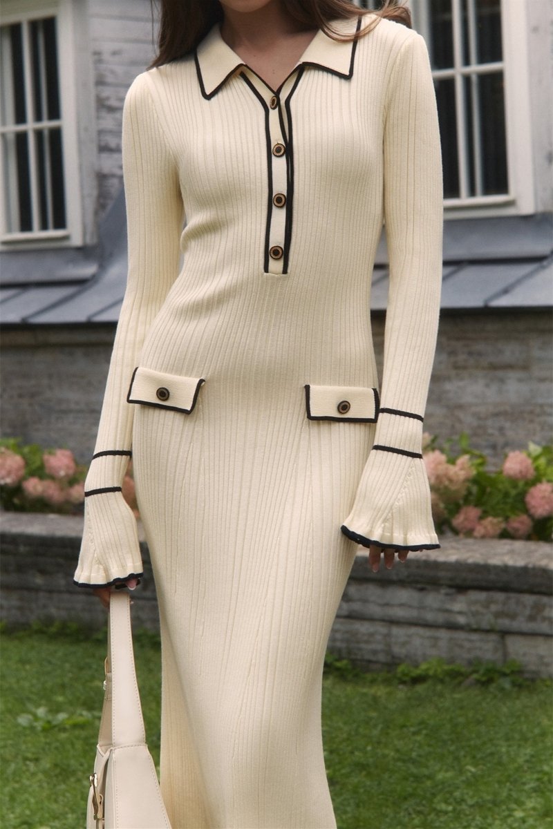 Novia Kontrast Fırfırlı Triko Uzun Elbise