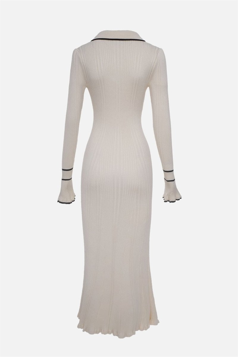 Novia Kontrast Fırfırlı Triko Uzun Elbise