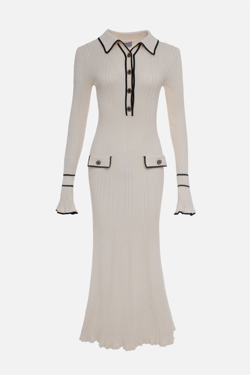 Novia Kontrast Fırfırlı Triko Uzun Elbise
