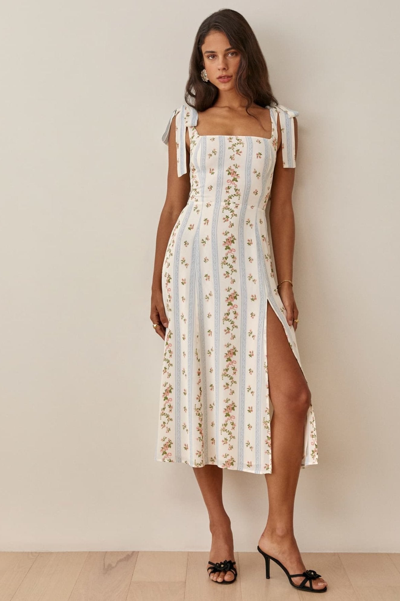 Odel Baskılı Papyon Askılı Yırtmaçlı Midi Elbise