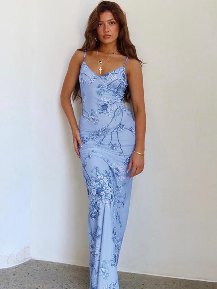 Orkide Baskılı Uzun Slip Elbise
