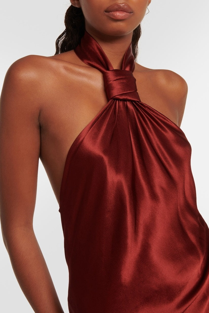 Agnes Boyundan Bağlamalı Sırtı Açık Uzun Saten Elbise