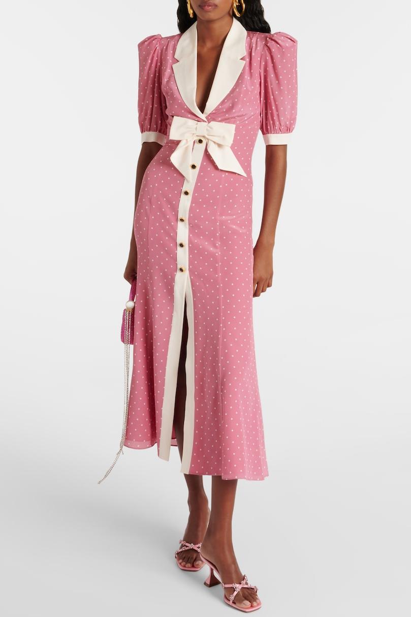 Rita Çiçek Fiyonklu Puf Kol V Yaka Midi Elbise