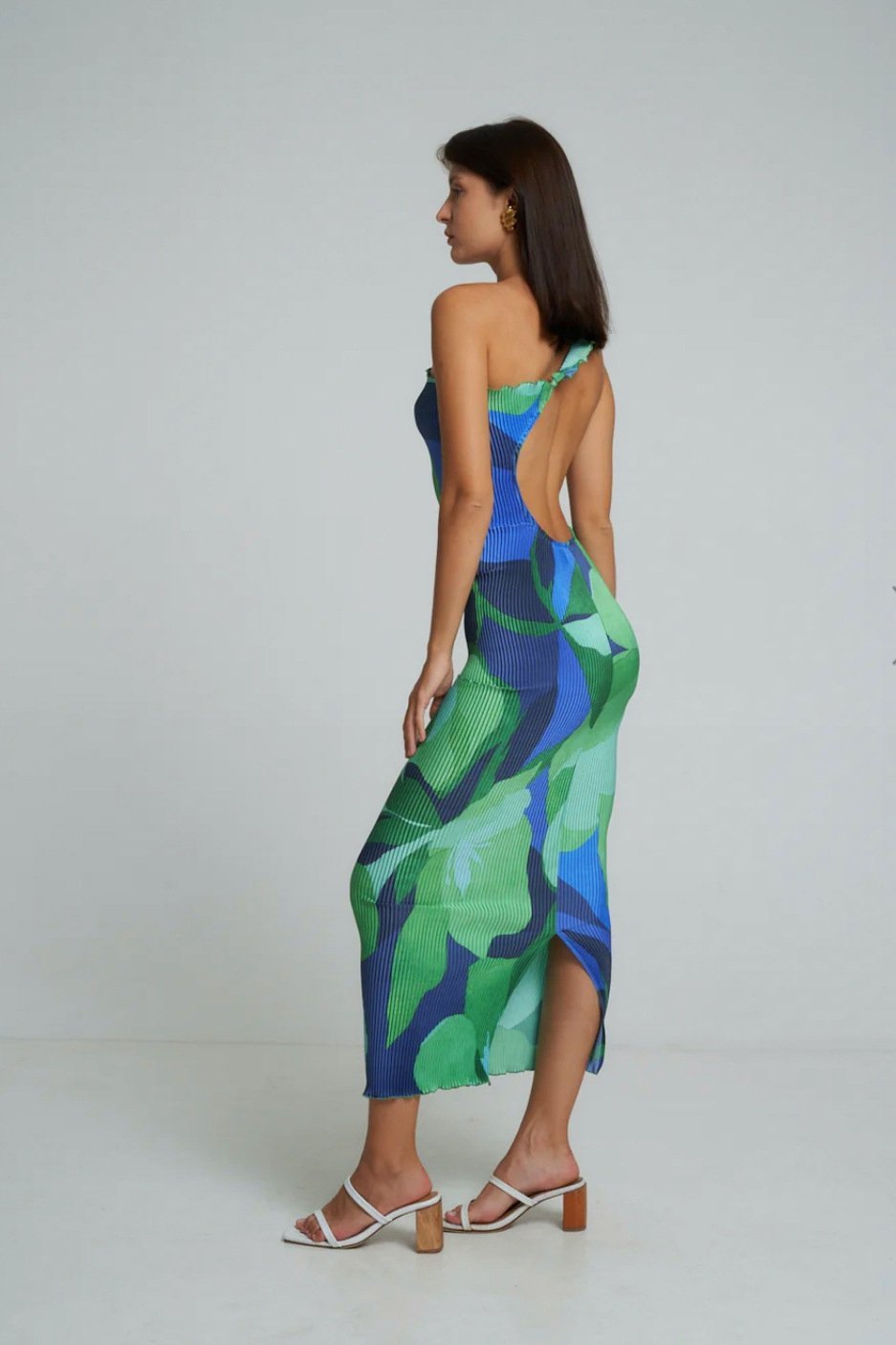 Pamela Baskılı Plise Dekolteli Bodycon Maxi Elbise