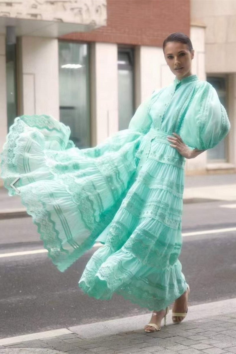 Paula İşlemeli Dantel Puf Kol Maxi Elbise