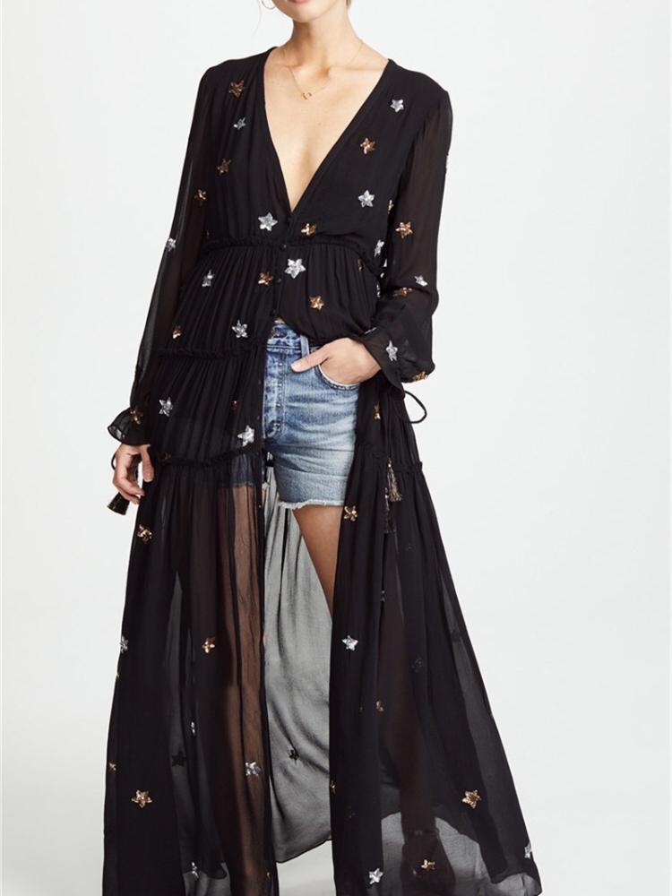 Pauline V Yaka İşlemeli Yıldız Bol Kesim Maxi Elbise