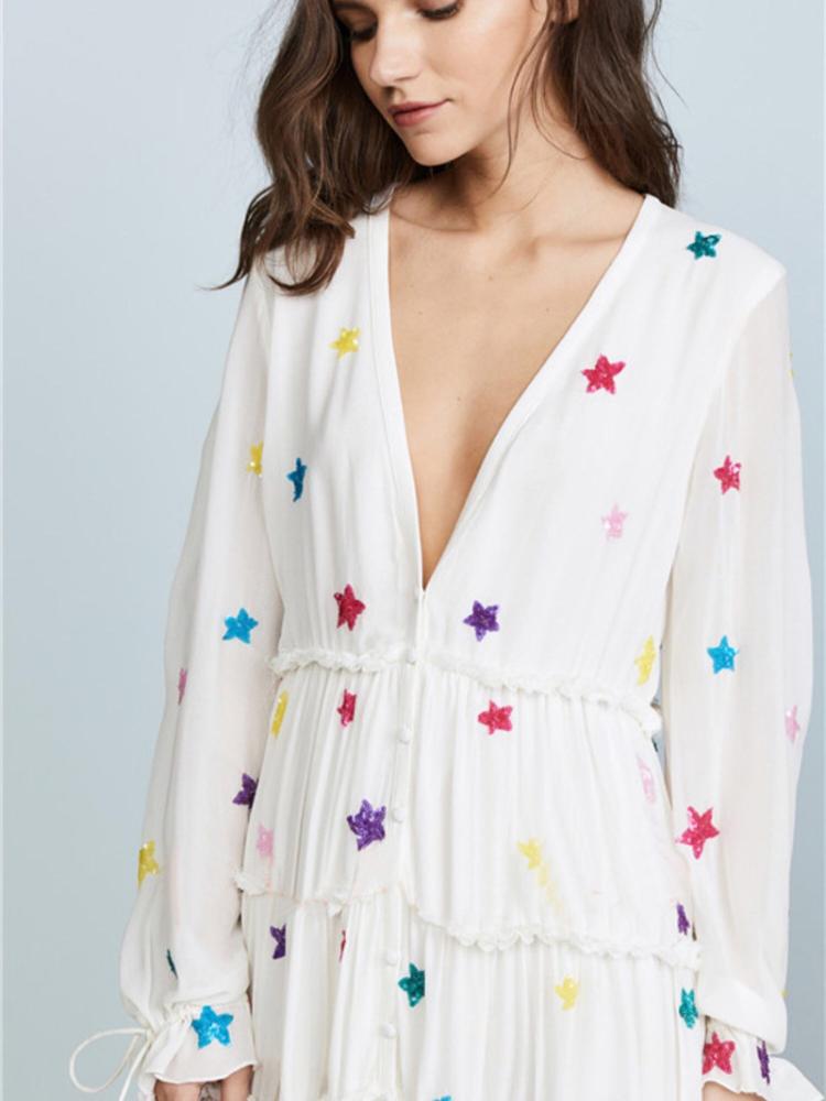 Pauline V Yaka İşlemeli Yıldız Bol Kesim Maxi Elbise