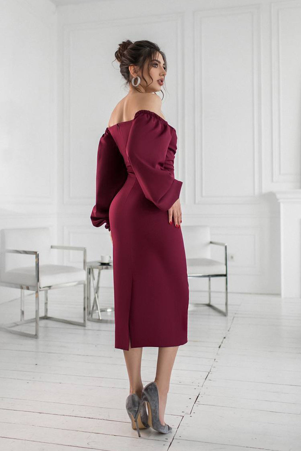 Lorraine Düşük Omuzlu Puf Kollu Midi Elbise