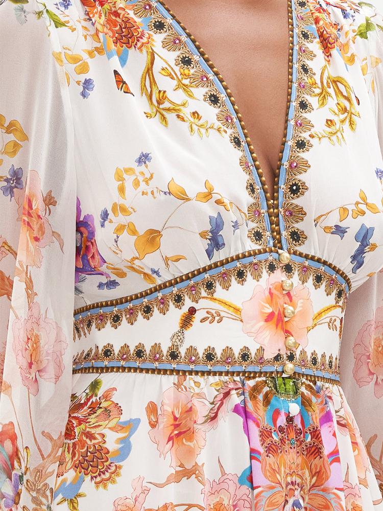 Belen Baskılı V Yaka Balon Kol Maxi Elbise