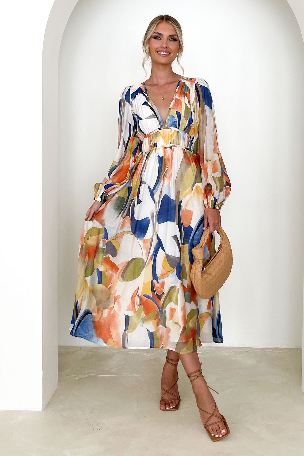 Erin Baskılı V Yaka Flare Midi Elbise