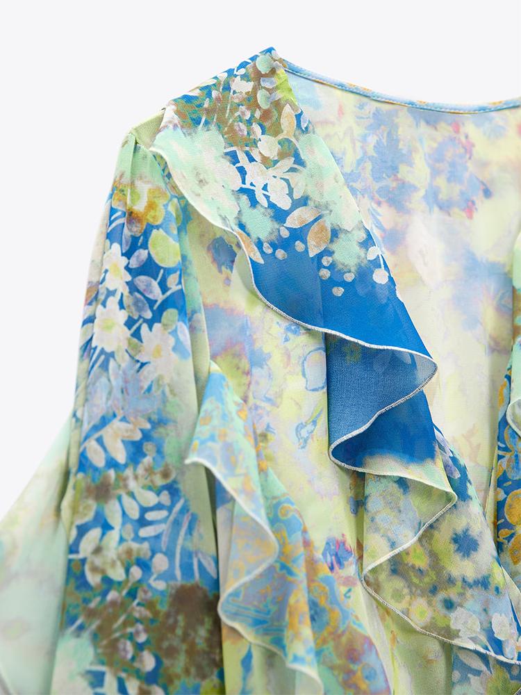 Cleo Baskılı V Yaka Fırfırlı Şifon Maxi Elbise