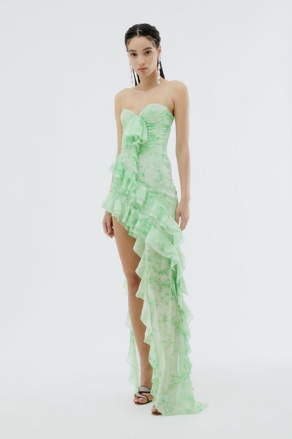 Afra Baskılı Fırfırlı Asimetri Mini Şifon Slip Elbise