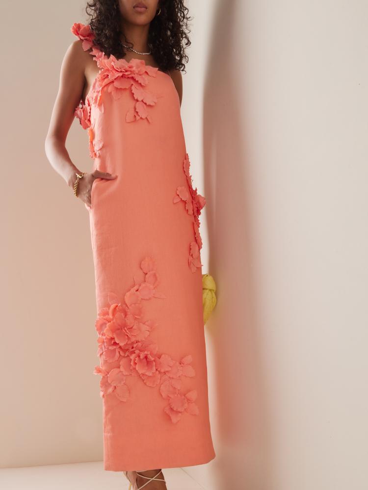 Evelyn Çiçek İşlemeli Keten Midi Sütun Elbise