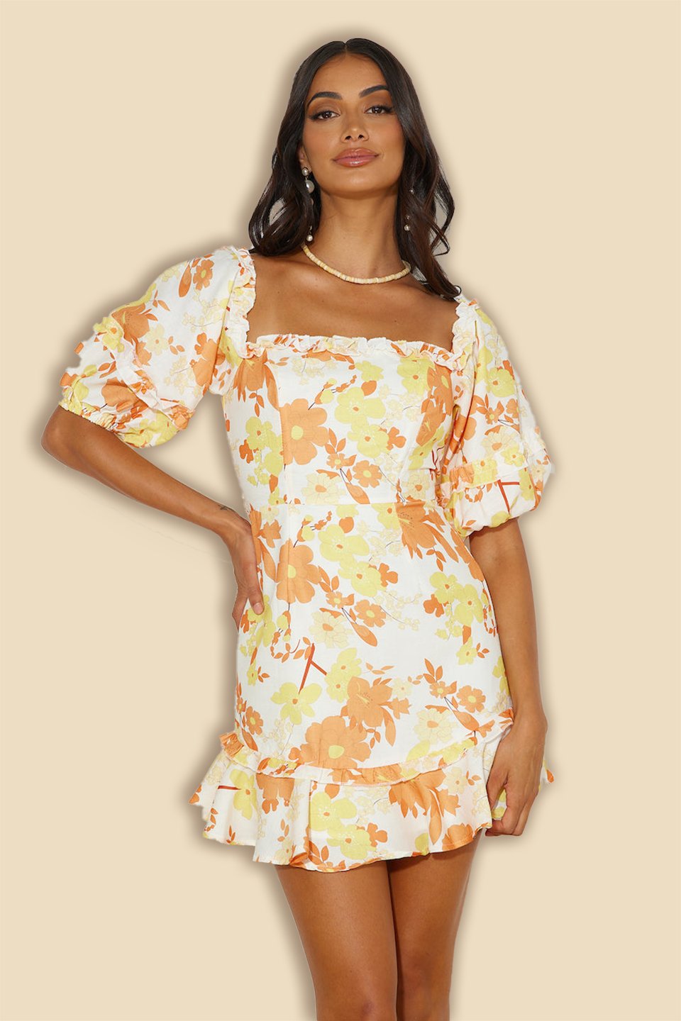 Idella Baskılı Bağcıklı Sırtı Açık Fırfırlı Mini Elbise