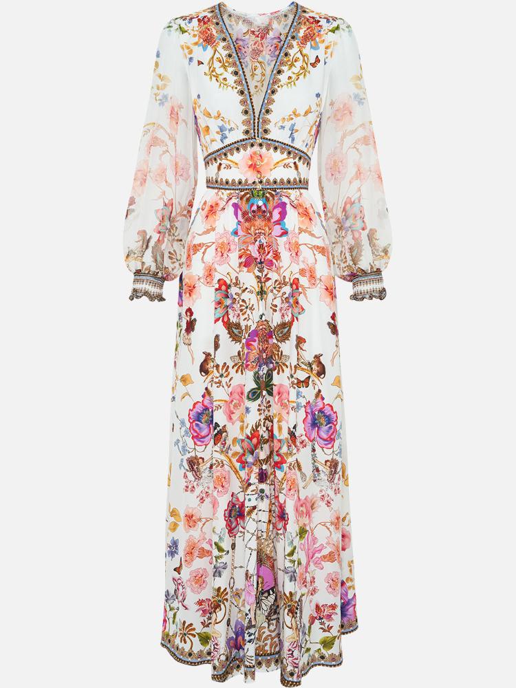 Belen Baskılı V Yaka Balon Kol Maxi Elbise