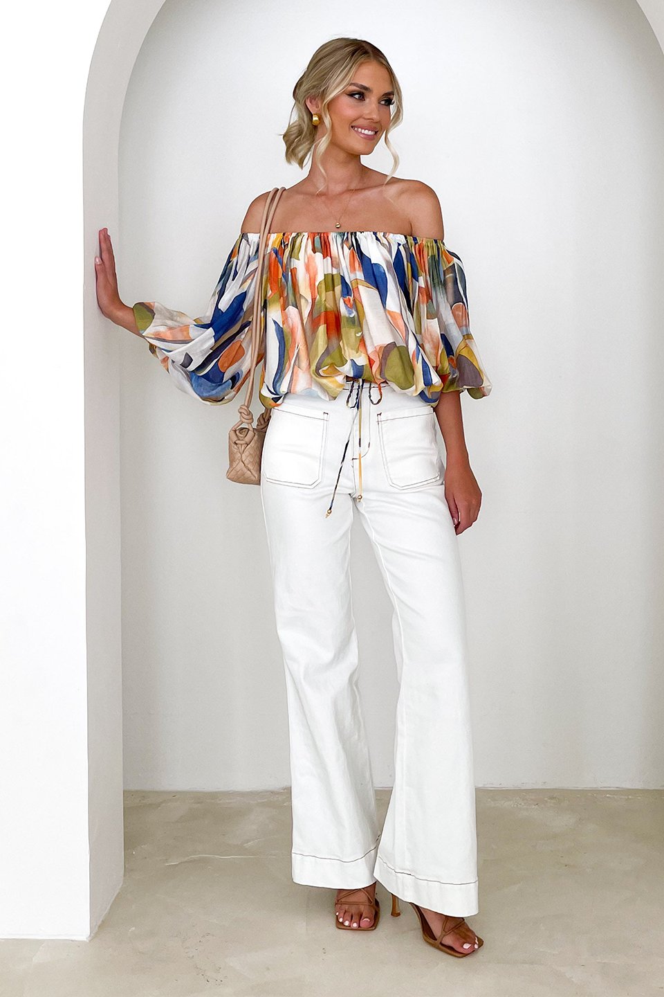 Erin Baskılı Düşük Omuzlu Büzgülü Üst