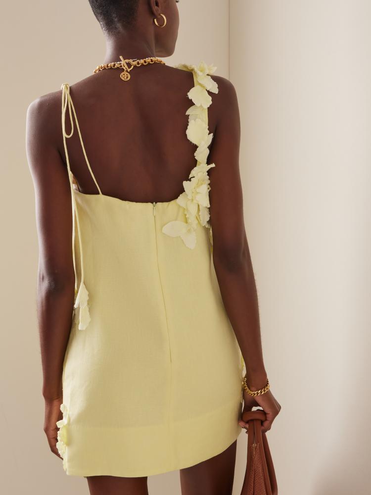 Evelyn Çiçek İşlemeli Mini Keten Sütun Elbise