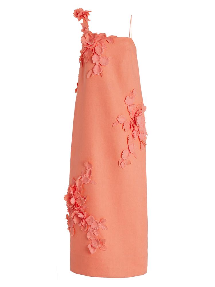 Evelyn Çiçek İşlemeli Keten Midi Sütun Elbise